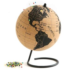 globe trekkers - medium cork globe with 100 colored push pins & durable steel base - 7.3 inches | great for educational purposes & mapping travels | does not have plastic strip like most
