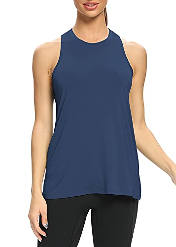 Mippo Workout Tank Tops for Women Loose Fit Yoga Shirts Athletic Top High Neck Racerback Tank Tops Cute Work Out Clothes Gym Tee Shirt Long Flowy Tank for Women Navy Blue S