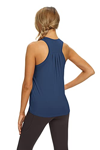 Mippo Workout Tank Tops for Women Loose Fit Yoga Shirts Athletic Top High Neck Racerback Tank Tops Cute Work Out Clothes Gym Tee Shirt Long Flowy Tank for Women Navy Blue S