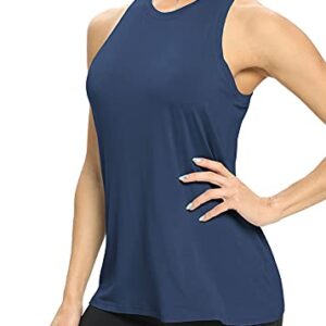 Mippo Workout Tank Tops for Women Loose Fit Yoga Shirts Athletic Top High Neck Racerback Tank Tops Cute Work Out Clothes Gym Tee Shirt Long Flowy Tank for Women Navy Blue S