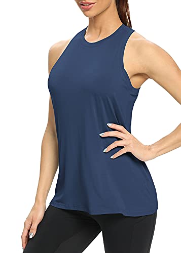 Mippo Workout Tank Tops for Women Loose Fit Yoga Shirts Athletic Top High Neck Racerback Tank Tops Cute Work Out Clothes Gym Tee Shirt Long Flowy Tank for Women Navy Blue S