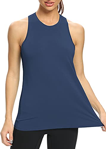 Mippo Workout Tank Tops for Women Loose Fit Yoga Shirts Athletic Top High Neck Racerback Tank Tops Cute Work Out Clothes Gym Tee Shirt Long Flowy Tank for Women Navy Blue S