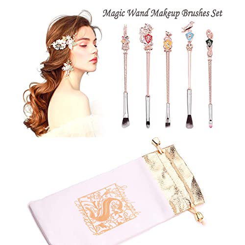 Potter Makeup Brush Set for Women with Gift Bag 5pcs Metal Magic Eye Shadow Eyeliner Blending Pencil Lip Brush Beauty Tools (Rose Gold)