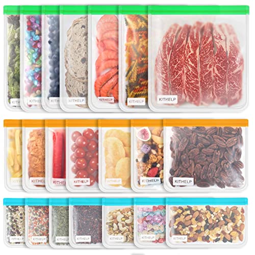 21 Pack Reusable Storage Bags BPA Free, Leak-proof Freezer Bags (7 Reusable Gallon Bags + 7 Reusable Sandwich Bags + 7 Reusable Snack Bags) Lunch Bags Washable Eco-Friendly for food