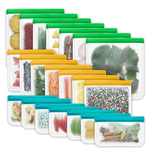 21 Pack Reusable Storage Bags BPA Free, Leak-proof Freezer Bags (7 Reusable Gallon Bags + 7 Reusable Sandwich Bags + 7 Reusable Snack Bags) Lunch Bags Washable Eco-Friendly for food