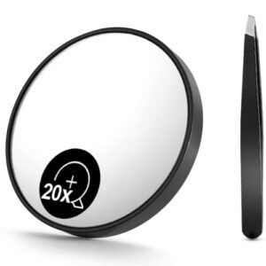 omiro 20x magnifying mirror and eyebrow tweezers kit, 3.5" two suction cups magnifier travel set