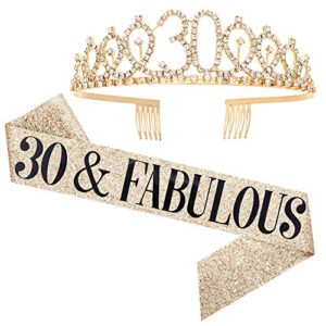 "30 and fabulous" sash & rhinestone tiara set - 30th birthday gifts birthday sash for women birthday party supplies (gold glitter with black lettering)