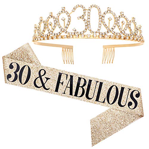 "30 and Fabulous" Sash & Rhinestone Tiara Set - 30th Birthday Gifts Birthday Sash for Women Birthday Party Supplies (Gold Glitter with Black Lettering)