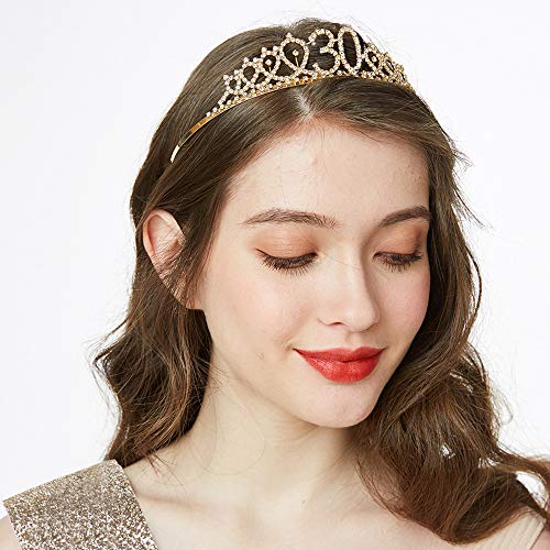 "30 and Fabulous" Sash & Rhinestone Tiara Set - 30th Birthday Gifts Birthday Sash for Women Birthday Party Supplies (Gold Glitter with Black Lettering)
