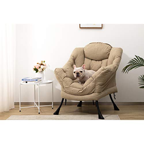 HollyHOME Modern Cotton Fiber Fabric Lazy Chair, Accent Contemporary Lounge Chair, Single Steel Frame Leisure Sofa Chair with Armrests and A Side Pocket, Thick Padded Back, Coffee&White