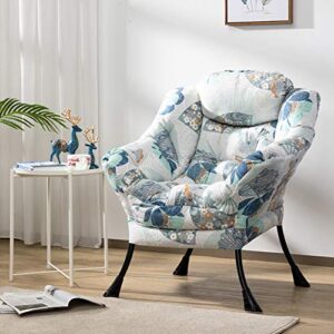 HollyHOME Modern Cotton Fiber Fabric Lazy Chair, Accent Contemporary Lounge Chair, Single Steel Frame Leisure Sofa Chair with Armrests and A Side Pocket, Thick Padded Back, Fan Print