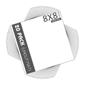 mat board center, pack of 20 8x8 uncut photo mats, white backing boards - for photos, prints, frames and more