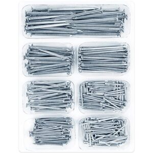 stuhar 400pcs hardware nails assortment kit, picture hanging nails, galvanized nails, small nails for hanging pictures, 7 size assortment for finish nails, wood nails, wall nails