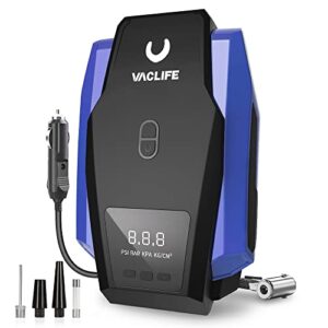 vaclife tire inflator portable air compressor - air pump for car tires (up to 50 psi), 12v dc tire pump for bikes (up to 150 psi) w/led light, digital pressure gauge, model: atj-1166, blue (vl701)