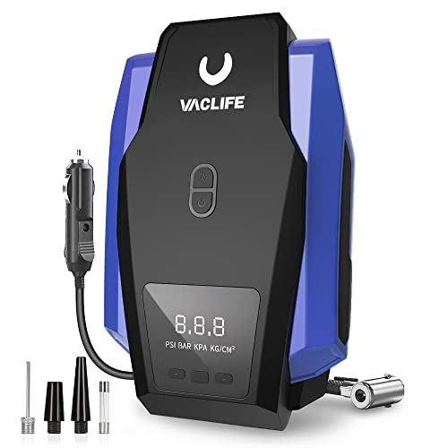 VacLife Tire Inflator Portable Air Compressor - Air Pump for Car Tires (up to 50 PSI), 12V DC Tire Pump for Bikes (up to 150 PSI) w/LED Light, Digital Pressure Gauge, Model: ATJ-1166, Blue (VL701)