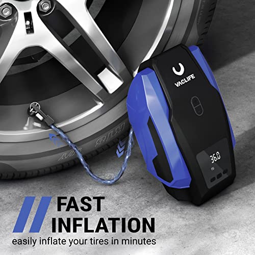 VacLife Tire Inflator Portable Air Compressor - Air Pump for Car Tires (up to 50 PSI), 12V DC Tire Pump for Bikes (up to 150 PSI) w/LED Light, Digital Pressure Gauge, Model: ATJ-1166, Blue (VL701)