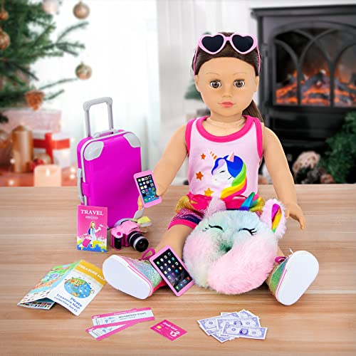 ZITA ELEMENT 24 Pcs 18 Inch Girl Doll Accessories Suitcase Luggage Travel Set Including 18 Inch Doll Clothes Luggage Pillow Blindfold Sunglasses Camera Computer Cell Phone Ipad and Other Stuff