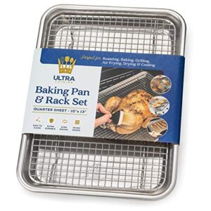 oven-safe baking pan with cooling rack set - quarter sheet pan size - includes premium aluminum baking sheet and 100% stainless steel baking rack for oven - durable, easy clean, commercial quality