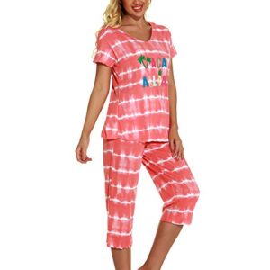 lu's chic women's cute pajama set cotton capri loungewear soft short sleeve pjs comfy pants lounge two piece patterned print sleepwear orange large