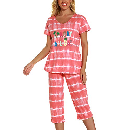 Lu's Chic Women's Cute Pajama Set Cotton Capri Loungewear Soft Short Sleeve Pjs Comfy Pants Lounge Two Piece Patterned Print Sleepwear Orange Large