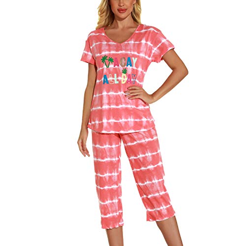 Lu's Chic Women's Cute Pajama Set Cotton Capri Loungewear Soft Short Sleeve Pjs Comfy Pants Lounge Two Piece Patterned Print Sleepwear Orange Large