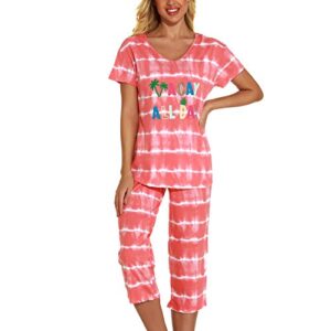 Lu's Chic Women's Cute Pajama Set Cotton Capri Loungewear Soft Short Sleeve Pjs Comfy Pants Lounge Two Piece Patterned Print Sleepwear Orange Large