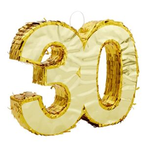 gold foil number 30 pinata for 30th birthday party decorations, anniversary celebrations (small, 16.5 x 13 x 3 in)