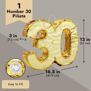 Gold Foil Number 30 Pinata for 30th Birthday Party Decorations, Anniversary Celebrations (Small, 16.5 x 13 x 3 In)