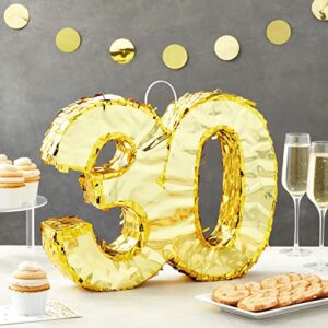 Gold Foil Number 30 Pinata for 30th Birthday Party Decorations, Anniversary Celebrations (Small, 16.5 x 13 x 3 In)