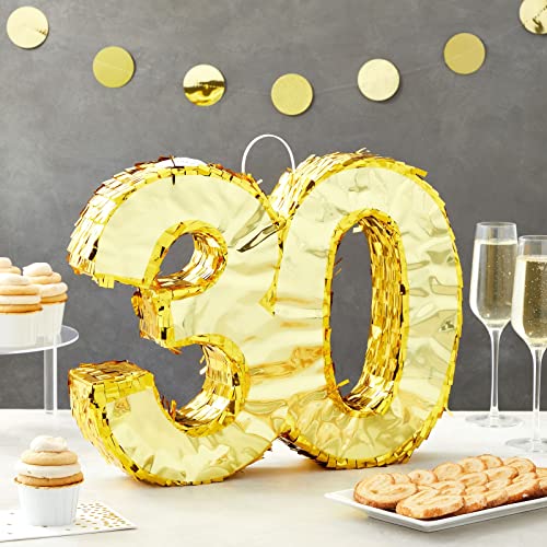 Gold Foil Number 30 Pinata for 30th Birthday Party Decorations, Anniversary Celebrations (Small, 16.5 x 13 x 3 In)