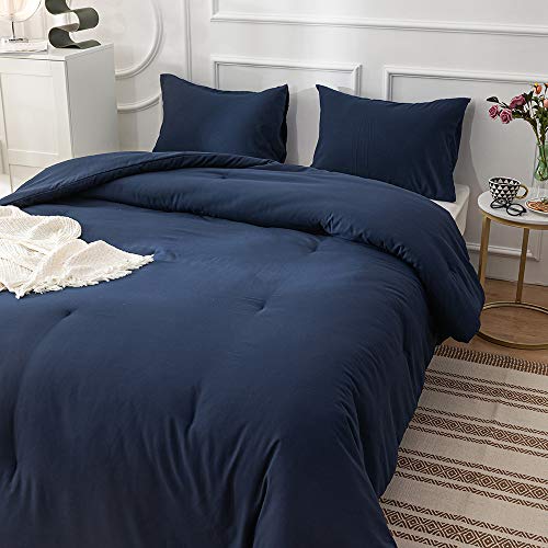 Cottonight Navy Blue Comforter Queen Set Dark Blue Bedding Comforter Set Full Solid Navy Blanket Quilts Men women Boys Cotton Breathable Soft Navy Blue Comforter with 2 Pillowcases