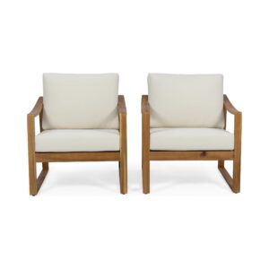 christopher knight home adolph outdoor acacia wood club chairs with water resistant cushions, teak and beige