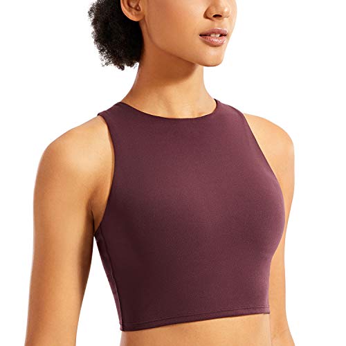 CRZ YOGA Women's High Neck Longline Sports Bra - Padded Racerback Yoga Bra Crop Tank Top with Built in Shelf Bra Dark Russet Medium