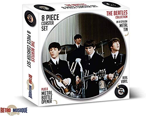 The Beatles - 8 Piece Mini Vinyl Record Coaster Set with Tin & Magnetic Bottle Opener by Retro Musique