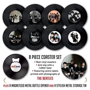 The Beatles - 8 Piece Mini Vinyl Record Coaster Set with Tin & Magnetic Bottle Opener by Retro Musique