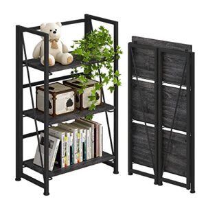 4nm no-assembly folding bookshelf storage shelves 3 tiers vintage bookcase standing racks study organizer home office (gray and black)