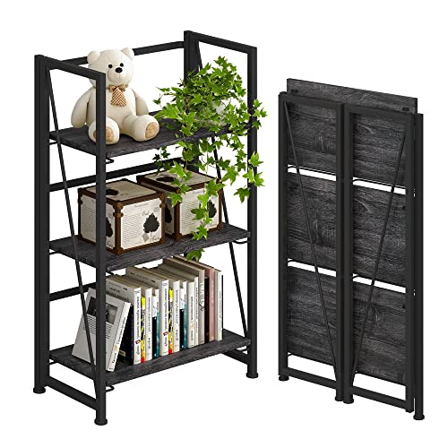 4NM No-Assembly Folding Bookshelf Storage Shelves 3 Tiers Vintage Bookcase Standing Racks Study Organizer Home Office (Gray and Black)