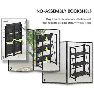 4NM No-Assembly Folding Bookshelf Storage Shelves 3 Tiers Vintage Bookcase Standing Racks Study Organizer Home Office (Gray and Black)