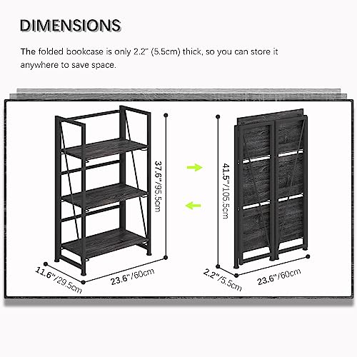 4NM No-Assembly Folding Bookshelf Storage Shelves 3 Tiers Vintage Bookcase Standing Racks Study Organizer Home Office (Gray and Black)