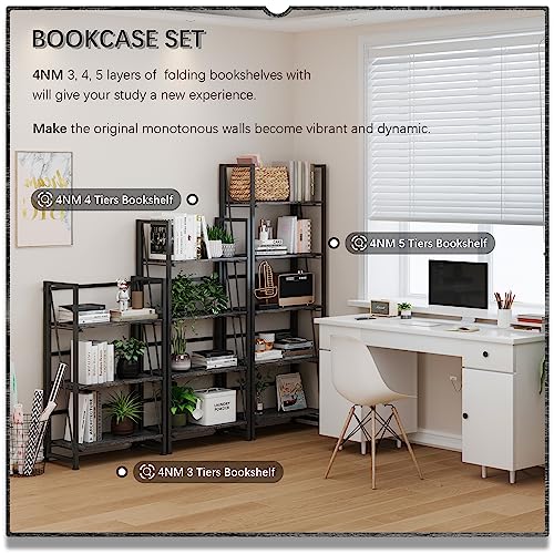 4NM No-Assembly Folding Bookshelf Storage Shelves 3 Tiers Vintage Bookcase Standing Racks Study Organizer Home Office (Gray and Black)