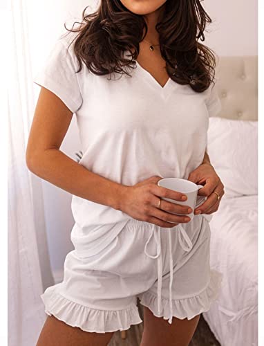 LuckyMore Womens Pjs Sets Summer Sleepwear Two Piece Pajamas Tops with Sleep Shorts Lounge Sets White XL