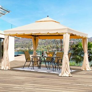 erommy 10' x 12' outdoor canopy gazebo, double roof patio gazebo steel frame with netting and shade curtains for garden, patio, party canopy, beige