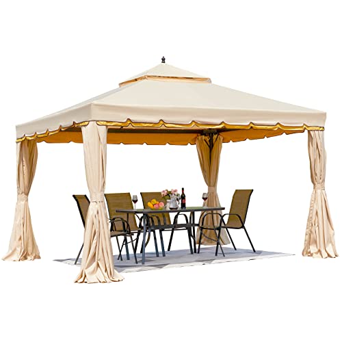 Erommy 10' x 12' Outdoor Canopy Gazebo, Double Roof Patio Gazebo Steel Frame with Netting and Shade Curtains for Garden, Patio, Party Canopy, Beige