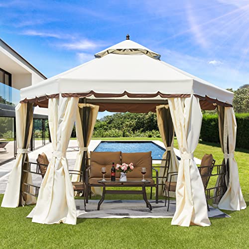 Erommy 12FT Outdoor Canopy Gazebo Hexagonal, Double Roof Patio Gazebo Steel Frame Pavilion with Netting and Shade Curtains for Garden,Patio,Party Canopy, Cream