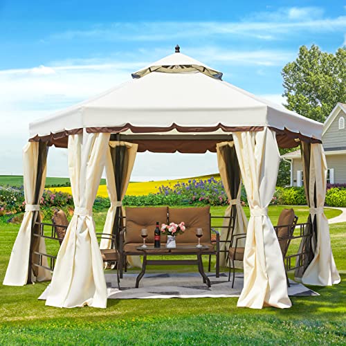 Erommy 12FT Outdoor Canopy Gazebo Hexagonal, Double Roof Patio Gazebo Steel Frame Pavilion with Netting and Shade Curtains for Garden,Patio,Party Canopy, Cream