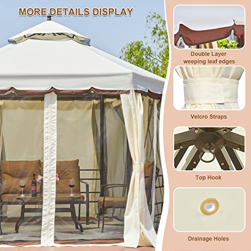 Erommy 12FT Outdoor Canopy Gazebo Hexagonal, Double Roof Patio Gazebo Steel Frame Pavilion with Netting and Shade Curtains for Garden,Patio,Party Canopy, Cream