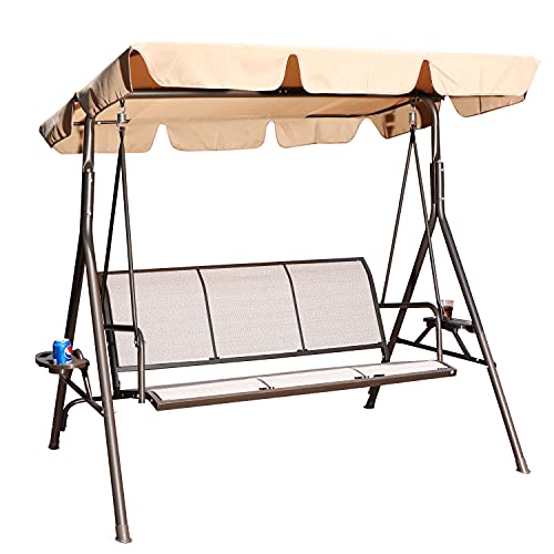 GOLDSUN 3 Person Outdoor Weather Resistant Patio Glider Swing Hammock Chair w/ Utility Tray & Sunshade Canopy for Patio, Garden, Deck, or Pool, Taupe