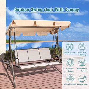 GOLDSUN 3 Person Outdoor Weather Resistant Patio Glider Swing Hammock Chair w/ Utility Tray & Sunshade Canopy for Patio, Garden, Deck, or Pool, Taupe