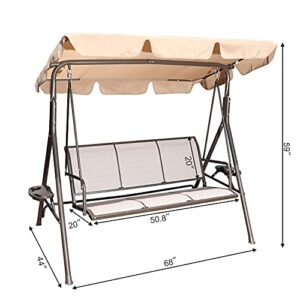 GOLDSUN 3 Person Outdoor Weather Resistant Patio Glider Swing Hammock Chair w/ Utility Tray & Sunshade Canopy for Patio, Garden, Deck, or Pool, Taupe