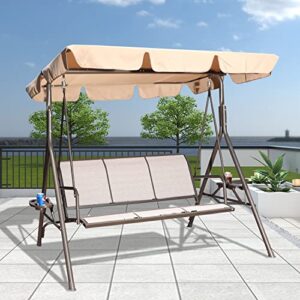 GOLDSUN 3 Person Outdoor Weather Resistant Patio Glider Swing Hammock Chair w/ Utility Tray & Sunshade Canopy for Patio, Garden, Deck, or Pool, Taupe